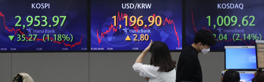 5일 서울 중구 하나은행 본점 딜링룸 모습. <연합뉴스>
